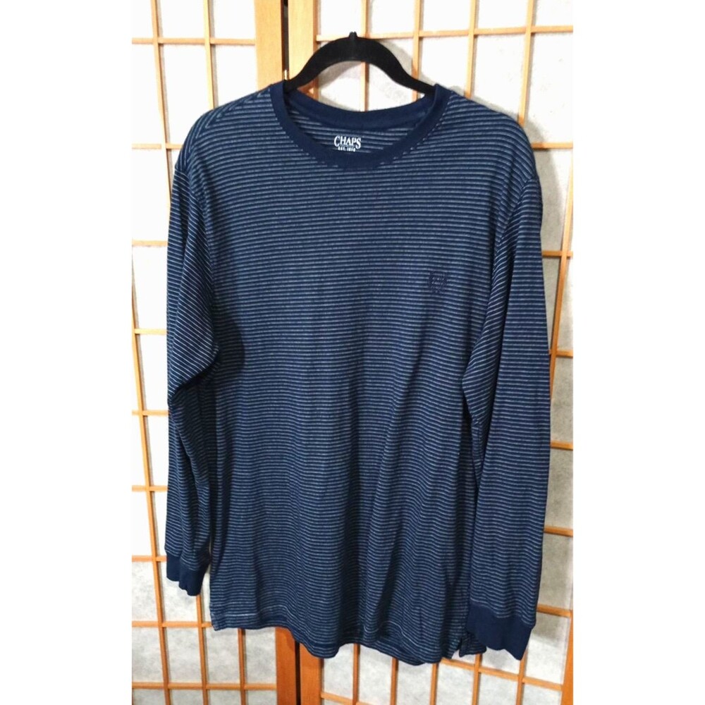 Chaps Long Sleeve Shirt Mens M Blue White Stripe Crew Neck Cotton